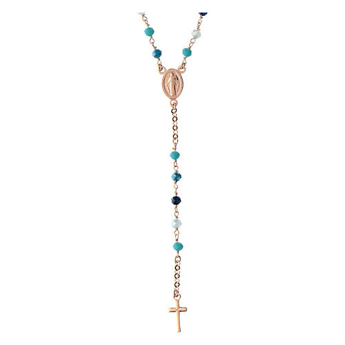 Agios rosary with Miraculous Medal and blue beads, rosé 925 silver 1