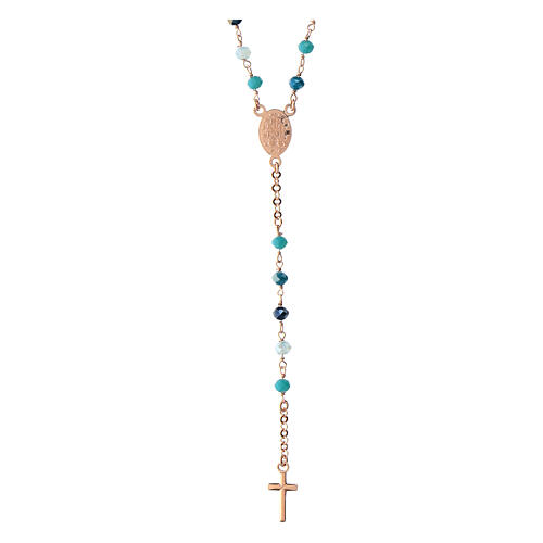 Agios rosary with Miraculous Medal and blue beads, rosé 925 silver 3
