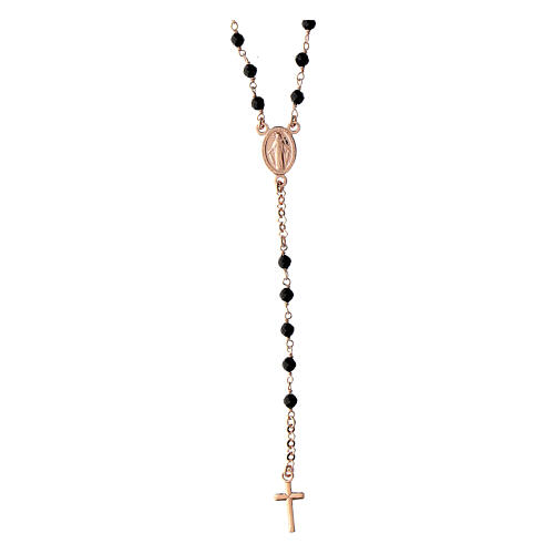 Agios rosary with Miraculous Medal and black beads, rosé 925 silver 1