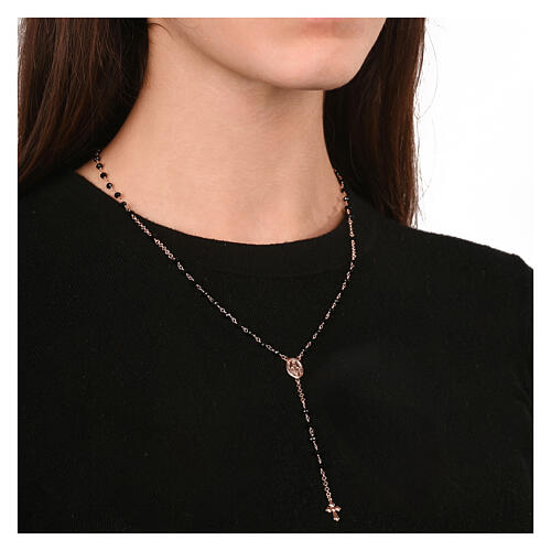 Agios rosary with Miraculous Medal and black beads, rosé 925 silver 2
