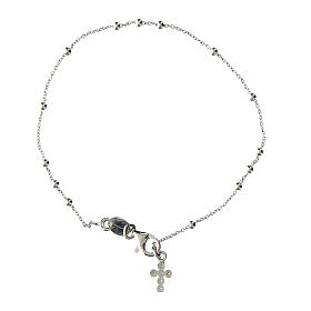 Agios rosary bracelet with cross-shaped dangle charm and rhinestones, rhodium-plated 925 silver