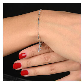 Agios rosary bracelet with cross-shaped dangle charm and rhinestones, rhodium-plated 925 silver