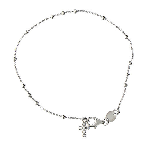 Agios rosary bracelet with cross-shaped dangle charm and rhinestones, rhodium-plated 925 silver 1