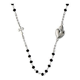 Rosenkranz-Kette von Agios, Flammendes Herz, 925er Silber, rhodiniert, schwarze Natursteine
