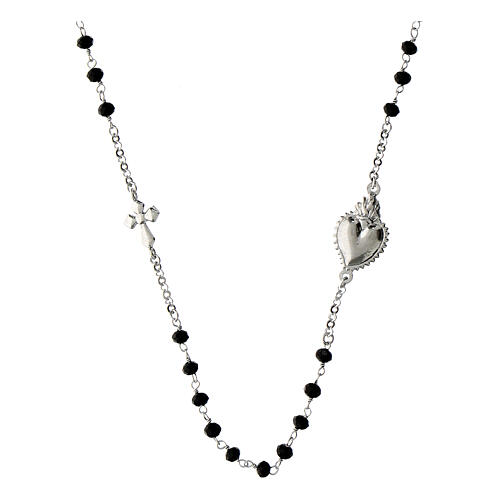 Rosenkranz-Kette von Agios, Flammendes Herz, 925er Silber, rhodiniert, schwarze Natursteine 1