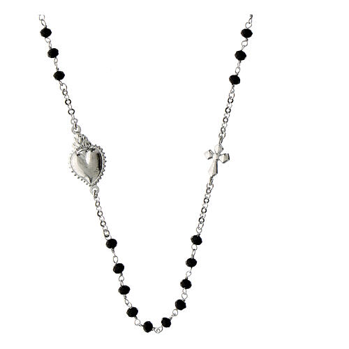 Rosenkranz-Kette von Agios, Flammendes Herz, 925er Silber, rhodiniert, schwarze Natursteine 2