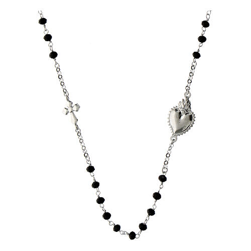 Sacred heart necklace Agios heart rhodium plated black stones silver 925 1