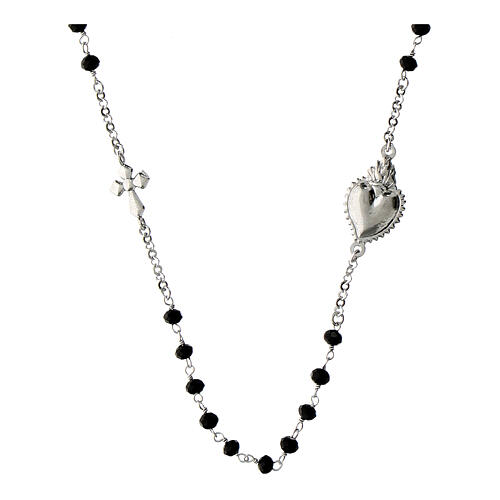Sacred heart necklace Agios heart rhodium plated black stones silver 925 1