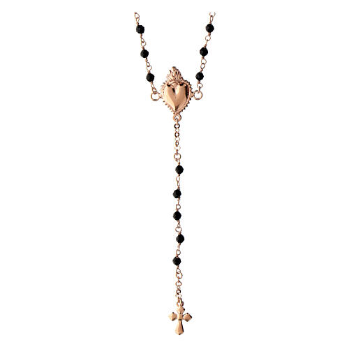 Agios rosary with Sacred Heart and black beads, rosé 925 silver 1