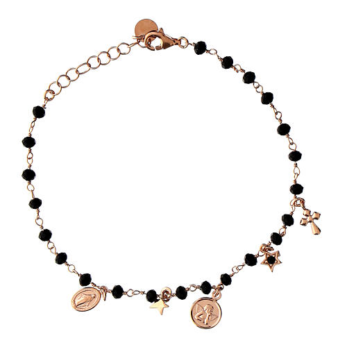 Agios bracelet with dangle charms and black beads, rosé 925 silver 1