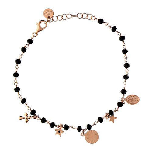 Agios bracelet with dangle charms and black beads, rosé 925 silver 2