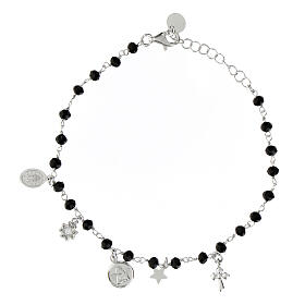 Agios bracelet with dangle charms and black beads, rhodium-plated 925 silver