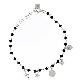 Agios bracelet with dangle charms and black beads, rhodium-plated 925 silver