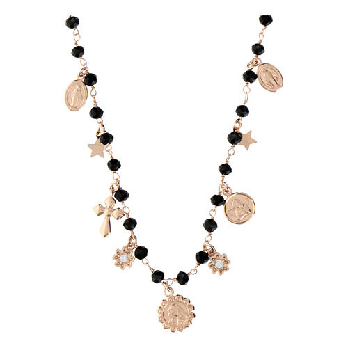 Agios necklace with dangle charms and black beads, rosé 925 silver 1