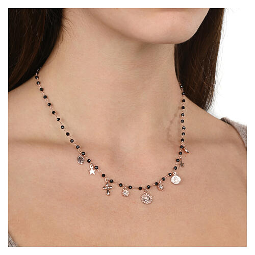 Agios necklace with dangle charms and black beads, rosé 925 silver 2