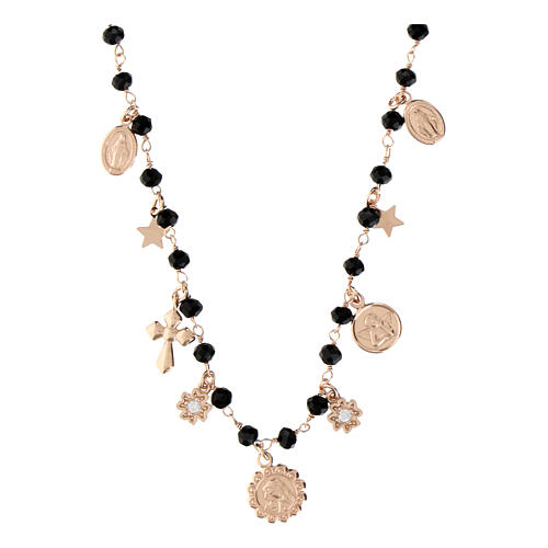 Collier Agios grains noirs et breloques argent 925 rosé 1