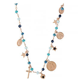 Agios necklace with dangle charms and blue beads, different shades, rosé 925 silver