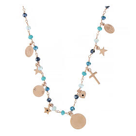 Agios necklace with dangle charms and blue beads, different shades, rosé 925 silver