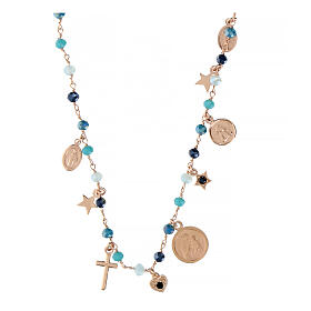 Agios necklace with dangle charms and blue beads, different shades, rosé 925 silver