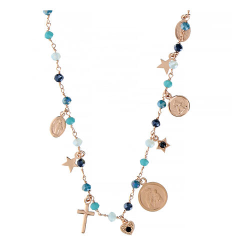 Agios necklace with dangle charms and blue beads, different shades, rosé 925 silver 1