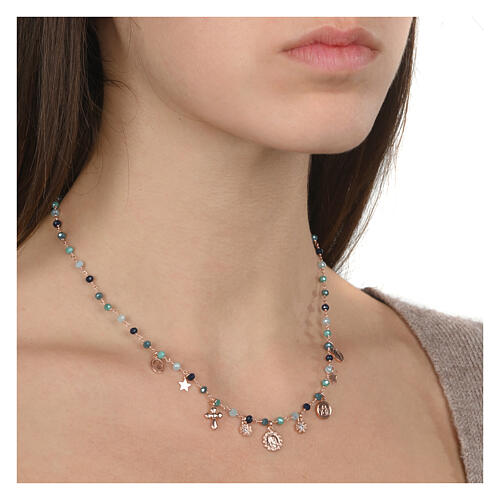 Agios necklace with dangle charms and blue beads, different shades, rosé 925 silver 2