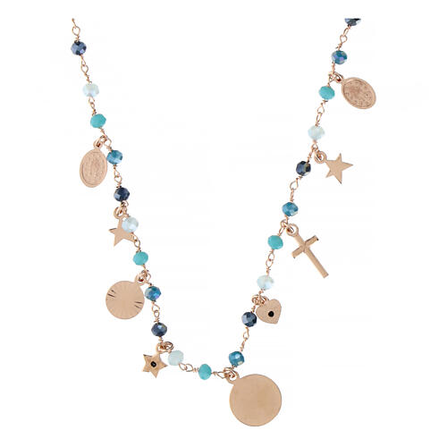 Agios necklace with dangle charms and blue beads, different shades, rosé 925 silver 3