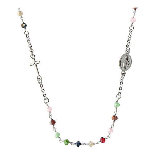 Collier rhodié argent 925 grains multicolores Médaille Miraculeuse Agios 1