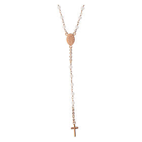 Agios rosary with Miraculous Medal and white beads, rosé 925 silver