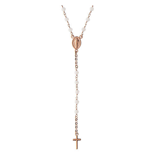 Agios rosary with Miraculous Medal and white beads, rosé 925 silver 1