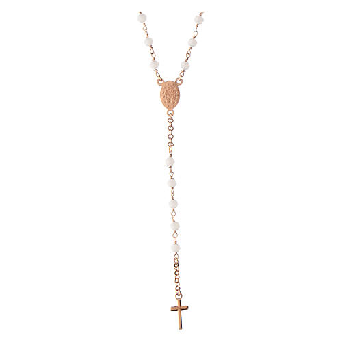 Agios rosary with Miraculous Medal and white beads, rosé 925 silver 2