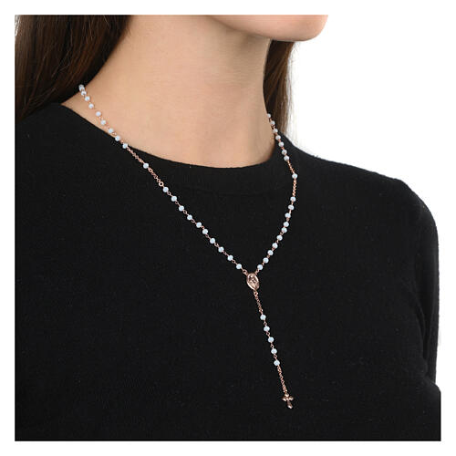 Benedictus rosary with Miraculous Medal and white beads, rosé 925 silver 2