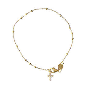 Agios rosary bracelet with cross-shaped dangle charm and rhinestones, gold plated 925 silver