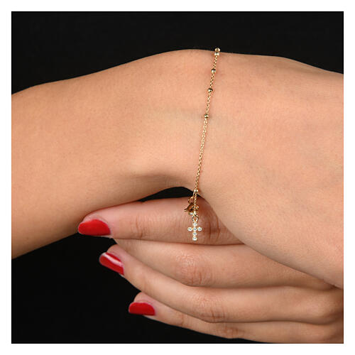 Agios rosary bracelet with cross-shaped dangle charm and rhinestones, gold plated 925 silver 2