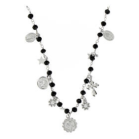 Agios necklace with dangle charms and black beads, rhodium-plated 925 silver