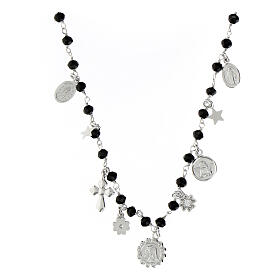 Agios necklace with dangle charms and black beads, rhodium-plated 925 silver