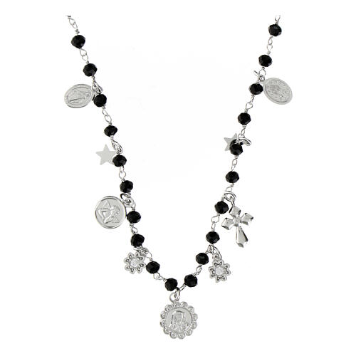 Collier Agios grains noirs et breloques argent 925 rhodié 1