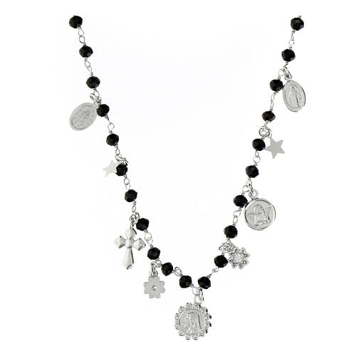 Collier Agios grains noirs et breloques argent 925 rhodié 1