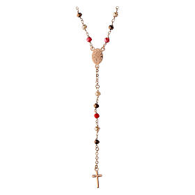 Agios rosary of rosé 925 silver with Miraculous Medal, red and brown beads