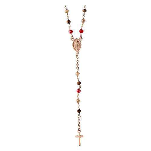 Agios rosary of rosé 925 silver with Miraculous Medal, red and brown beads 1