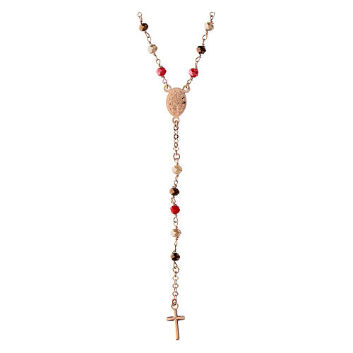 Agios rosary of rosé 925 silver with Miraculous Medal, red and brown beads 2