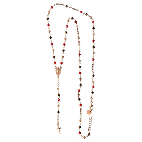 Agios rosary of rosé 925 silver with Miraculous Medal, red and brown beads 3