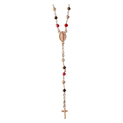 Agios rosary of rosé 925 silver with Miraculous Medal, red and brown beads 1