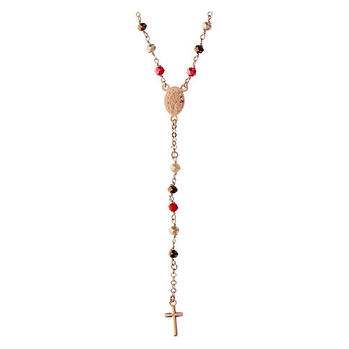 Agios rosary of rosé 925 silver with Miraculous Medal, red and brown beads 3