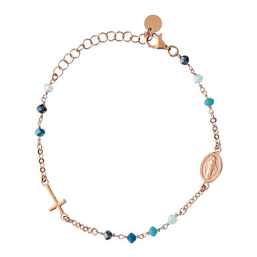 Agios bracelet with blue beads and Miraculous Medal, rosé 925 silver 1