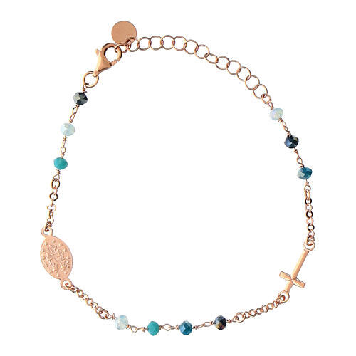 Agios bracelet with blue beads and Miraculous Medal, rosé 925 silver 2