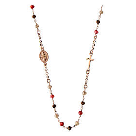 Rosary necklace with red and brown beads, rosé 925 silver, Agios