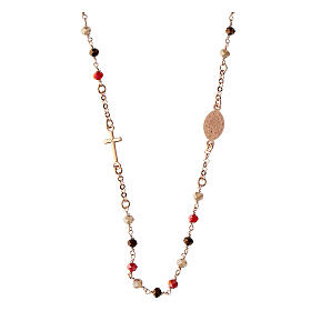 Rosary necklace with red and brown beads, rosé 925 silver, Agios