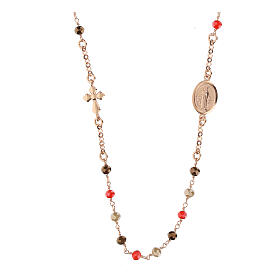 Rosary necklace with red and brown beads, rosé 925 silver, Agios