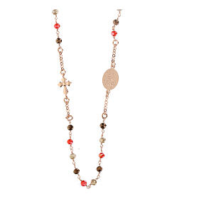 Rosary necklace with red and brown beads, rosé 925 silver, Agios