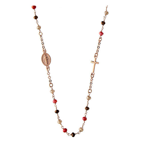 Rosary necklace with red and brown beads, rosé 925 silver, Agios 1